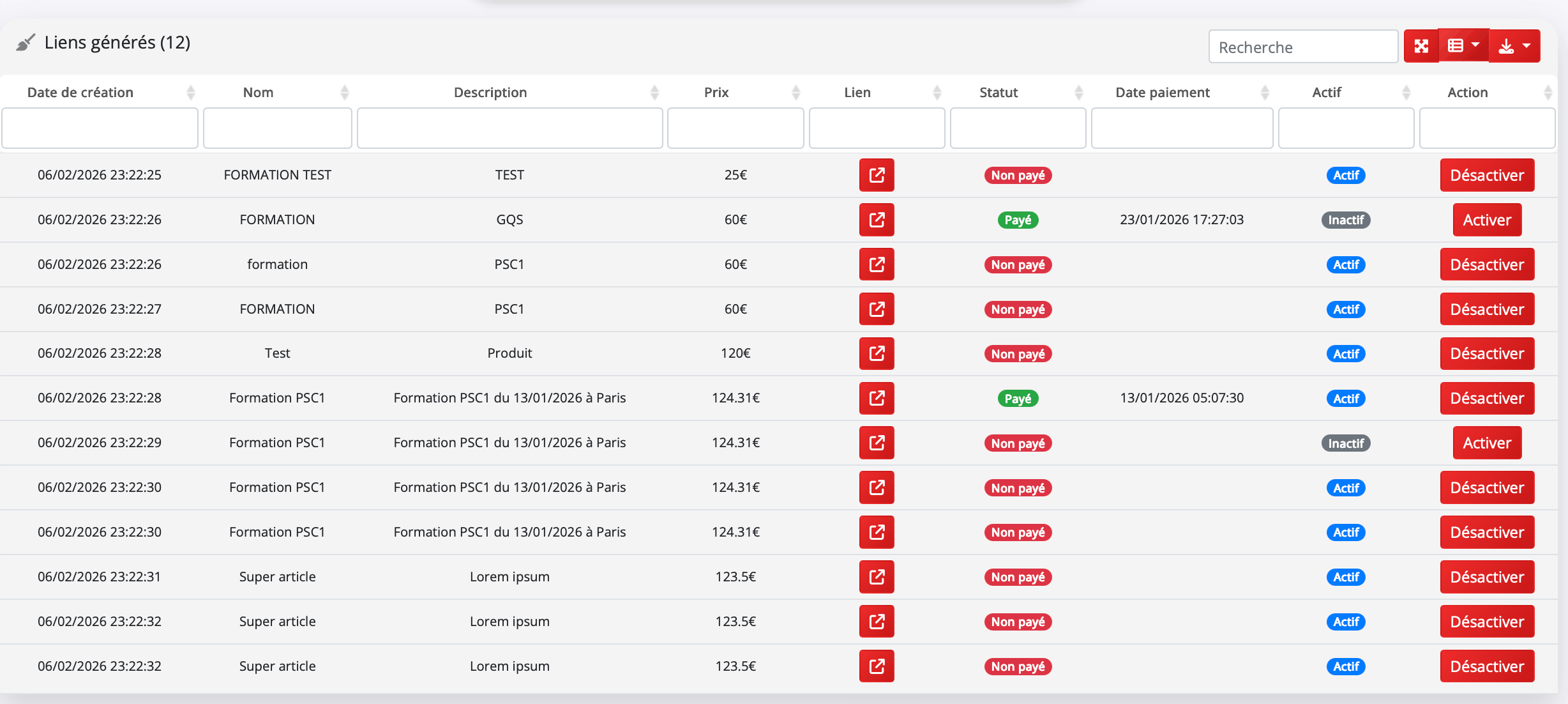 Liens de paiement uniques